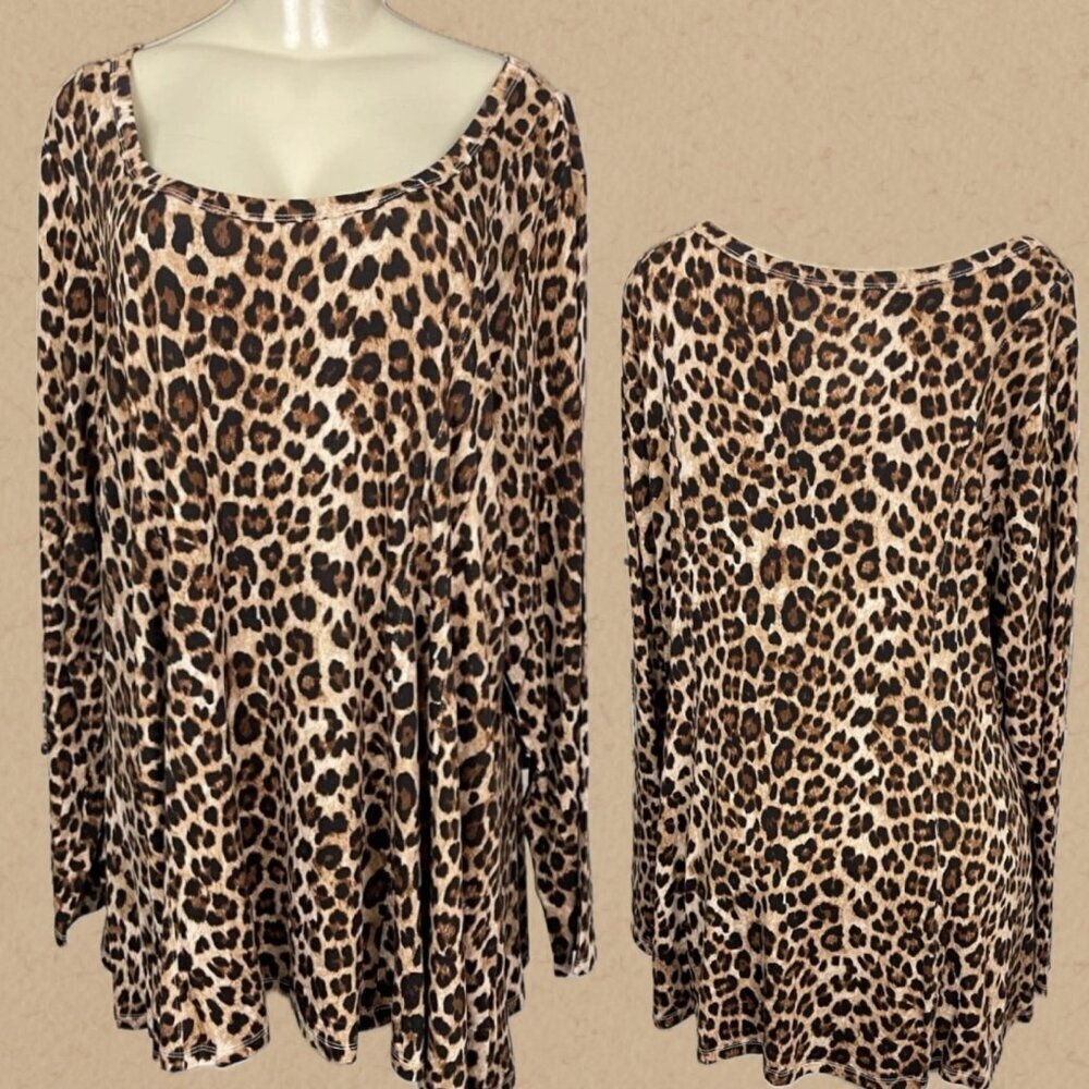 Torrid +5 Brown Animal Print Scoop Neck Seam Detail Fit & Flare Long Sleeve Top